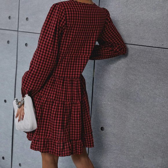 Gingham Bishop Sleeve Ruffle Hem Dress - Picture 3 of 5